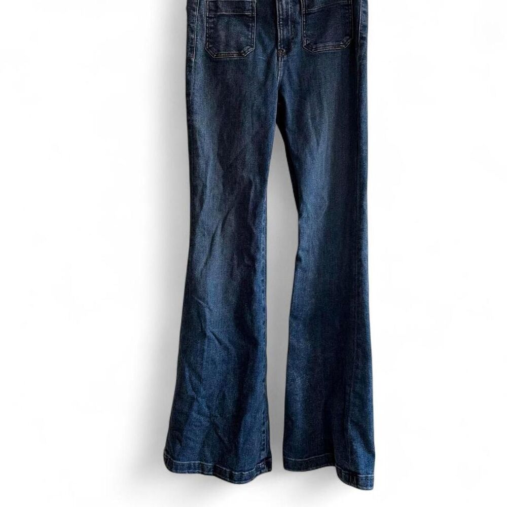 Express High Rise Flare Jeans Dark Wash Patch Pocket Size 10 Long